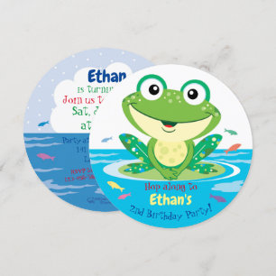 Happy Green Frog in Pond, 2nd Birthday Party Invitation