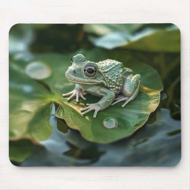 Happy Green Frog On Lily Pad in Pond Mouse Mat (Front)