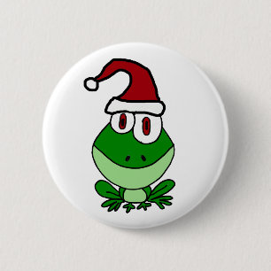 Happy Green Frog Wearing Santa Hat 6 Cm Round Badge