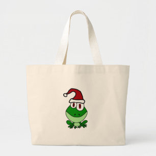 Happy Green Frog Wearing Santa Hat Large Tote Bag