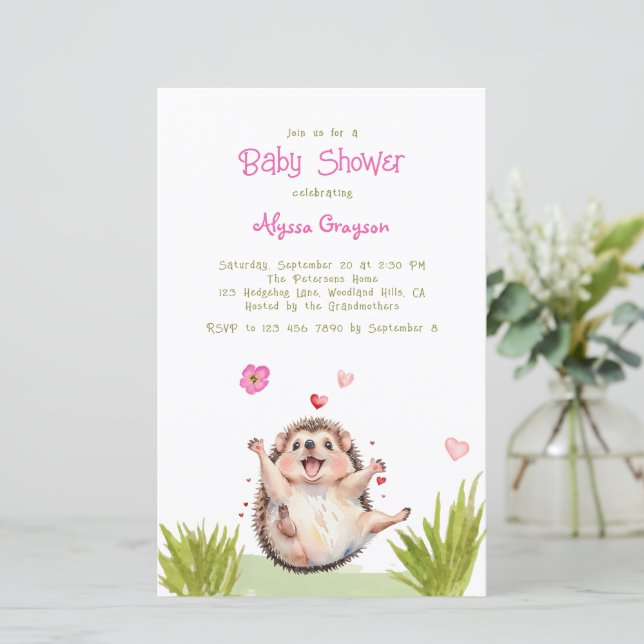 Happy Green Garden Hedgehog Baby Shower Invitation (Standing Front)