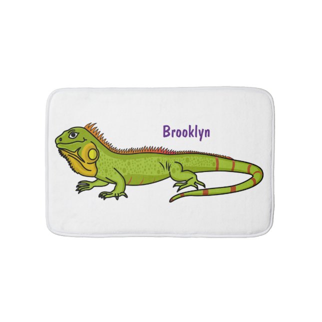 Happy green iguana cartoon illustration bath mat (Front)