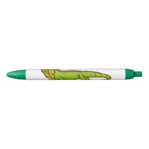 Happy green iguana cartoon illustration black ink pen