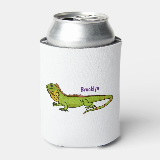 Happy green iguana cartoon illustration can cooler (Can Front)