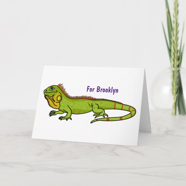 Happy green iguana cartoon illustration card (Front)