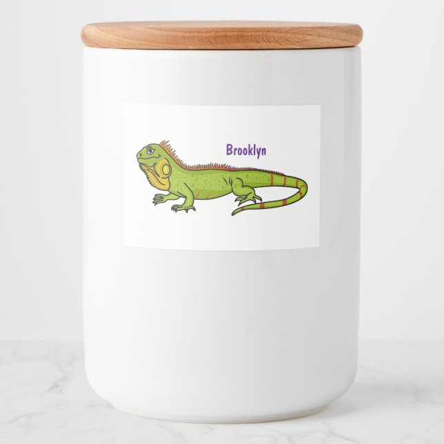 Happy green iguana cartoon illustration food label (Front)