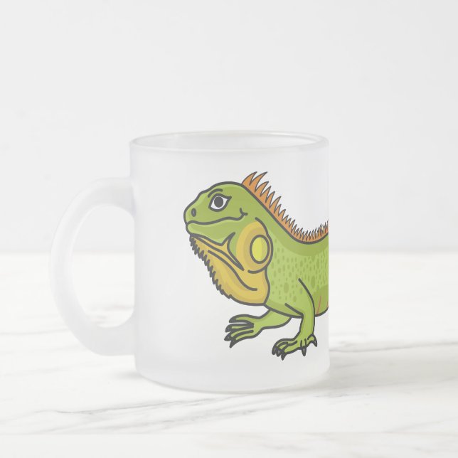 Happy green iguana cartoon illustration frosted glass coffee mug (Left)