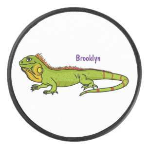 Happy green iguana cartoon illustration hockey puck