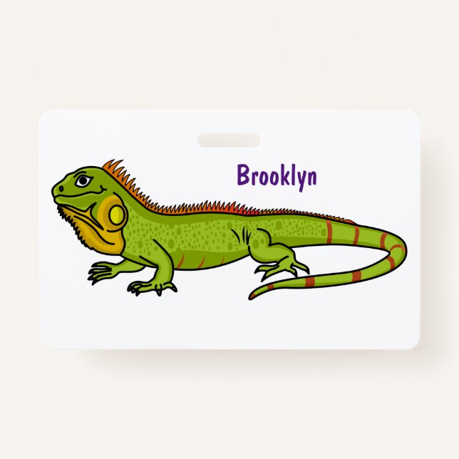 Happy green iguana cartoon illustration ID badge (Front)
