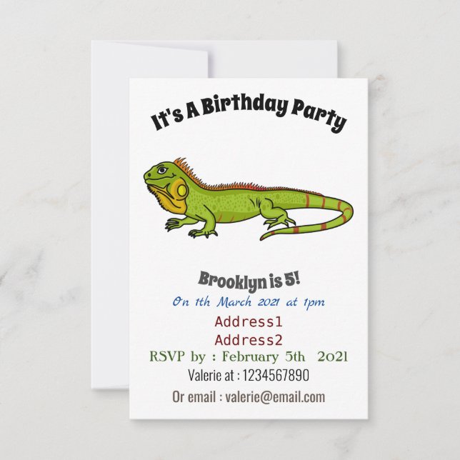 Happy green iguana cartoon illustration invitation (Front)