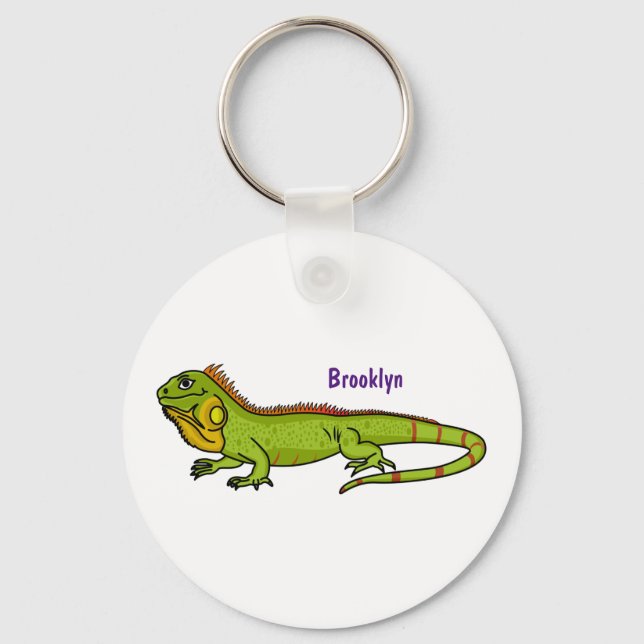 Happy green iguana cartoon illustration key ring (Front)