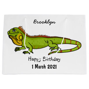 Happy green iguana cartoon illustration large gift bag