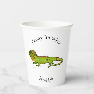 Happy green iguana cartoon illustration paper cups