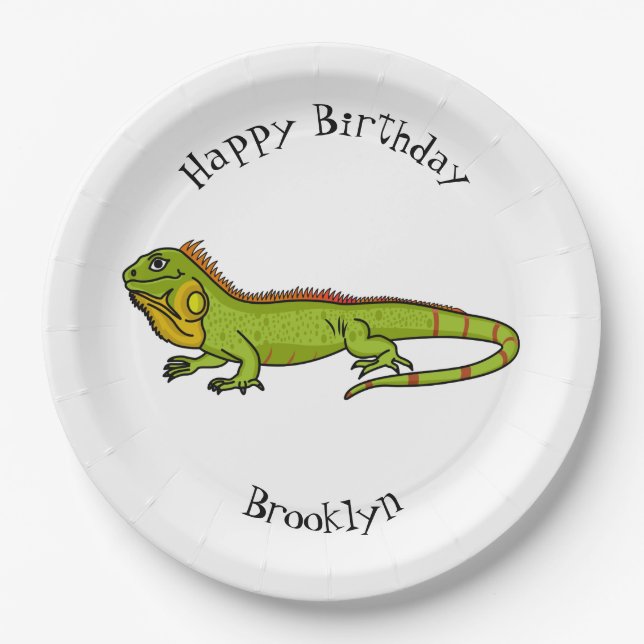 Happy green iguana cartoon illustration paper plate (Front)