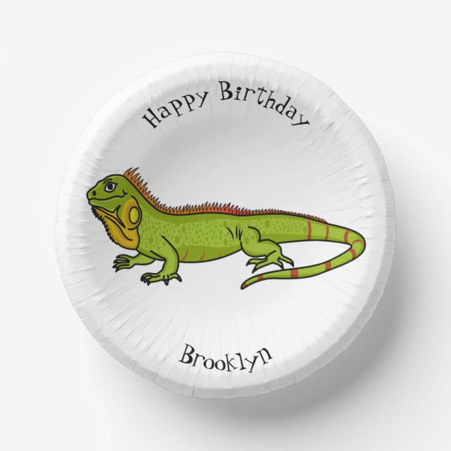 Happy green iguana cartoon illustration paper plate (Front)