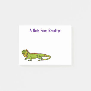 Happy green iguana cartoon illustration post-it notes