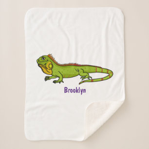 Happy green iguana cartoon illustration sherpa blanket