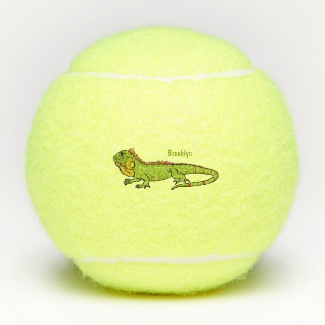Happy green iguana cartoon illustration tennis balls (Front)