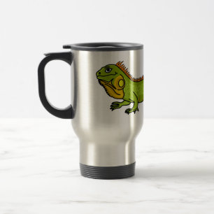Happy green iguana cartoon illustration travel mug