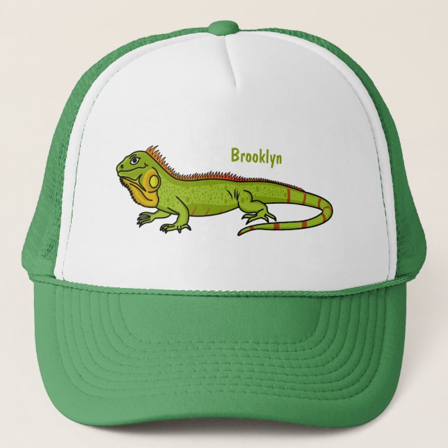 Happy green iguana cartoon illustration trucker hat (Front)