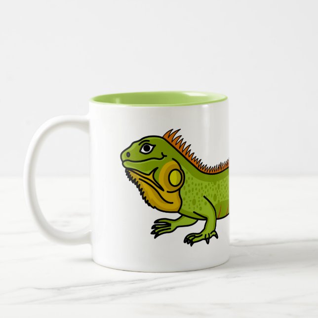 Happy green iguana cartoon illustration Two-Tone coffee mug (Left)
