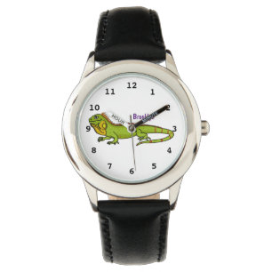 Happy green iguana cartoon illustration watch