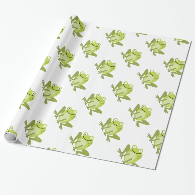 Happy Green Jumping Frog Wrapping Paper (Unrolled)