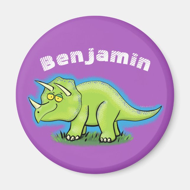 Happy green triceratops dinosaur cartoon magnet (Front)