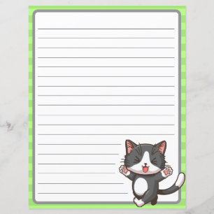 Happy grey cat on lined paper with green boarder,