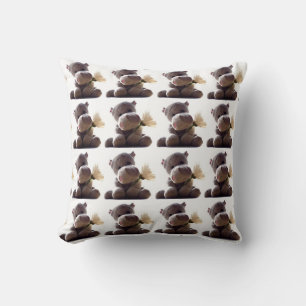 Happy Grey Hippo Holding Daisy, Cute Love Photo Cushion