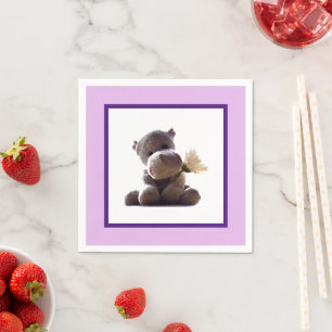 Happy Grey Hippo Holding Daisy, Cute Love Photo Napkin