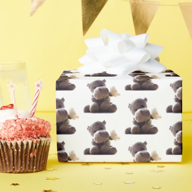 Happy Grey Hippo Holding Daisy, Cute Love Photo Wrapping Paper (Birthday Party)