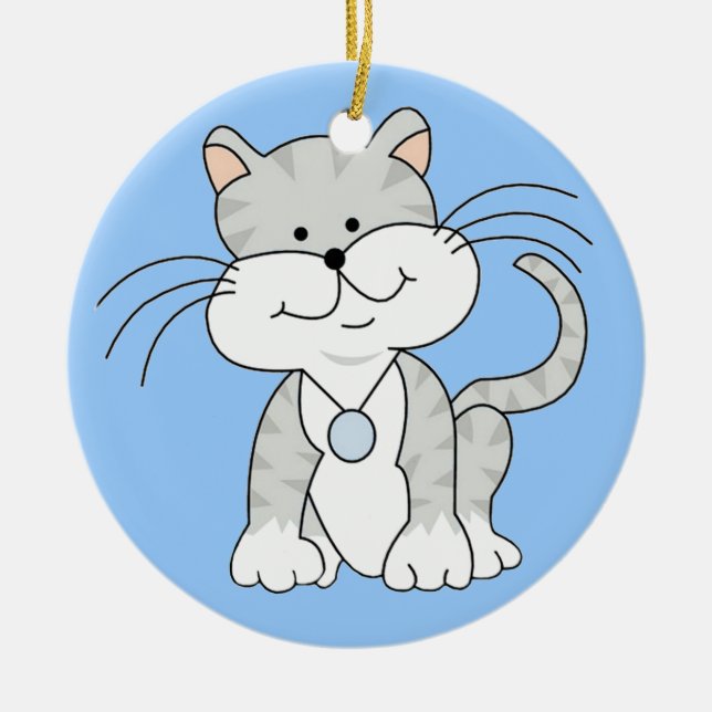 Happy Grey Kitty Ceramic Tree Decoration (Front)