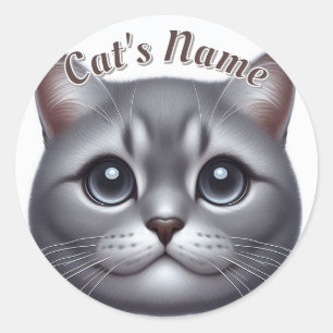 Happy Grey Shorthair Cat • Personalised Classic Round Sticker