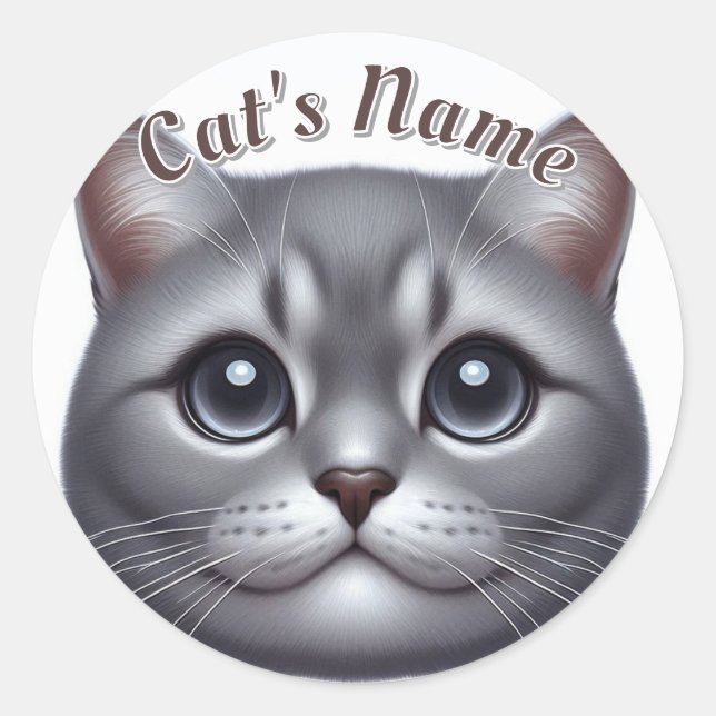 Happy Grey Shorthair Cat • Personalised Classic Round Sticker (Front)