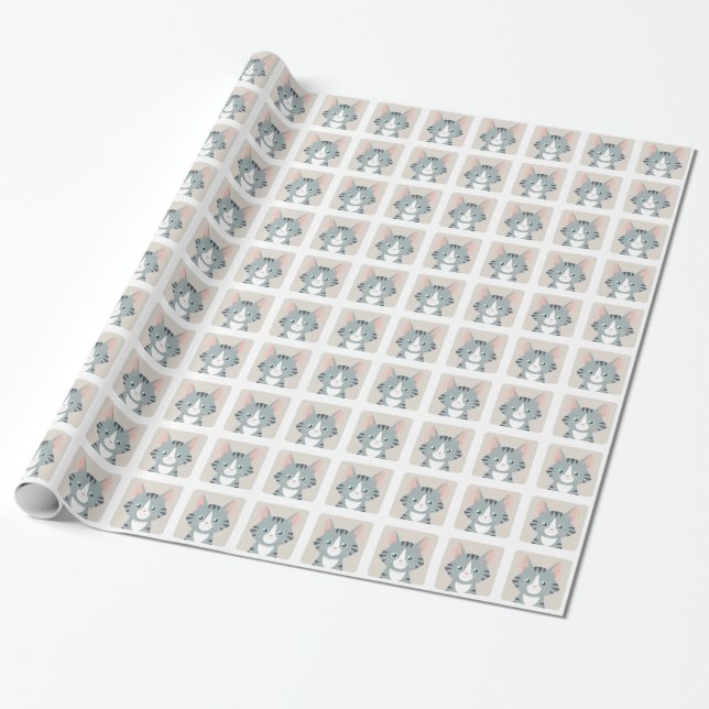 Happy Grey Tabby Cat Pattern Wrapping Paper (Unrolled)
