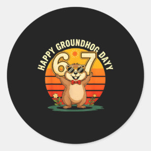 Happy Ground Hog Vintage Sunset 6 7 Day Animal Lov Classic Round Sticker