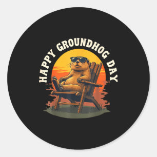 Happy Ground Hog Vintage Sunset Groundhog Day Anim Classic Round Sticker