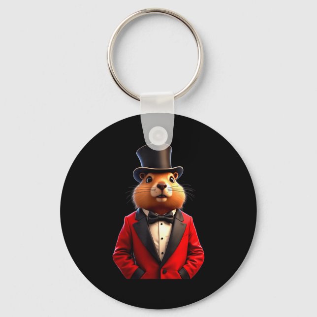 Happy Groundhog Day 2025 Groundhog Gentleman Hat _ Key Ring (Front)