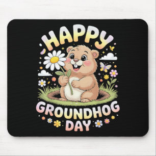 Happy Groundhog Day 2026 Cute Groundhog With Flowe Mouse Mat
