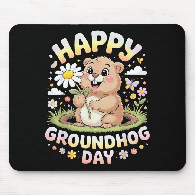 Happy Groundhog Day 2026 Cute Groundhog With Flowe Mouse Mat (Front)