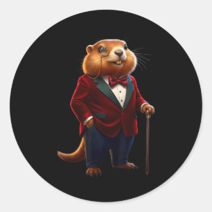 Happy Groundhog Day 2026 Groundhog Gentleman Hat Classic Round Sticker