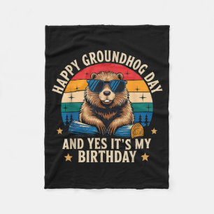 Happy Groundhog Day Birthday Funny Retro Sunset Vi Fleece Blanket