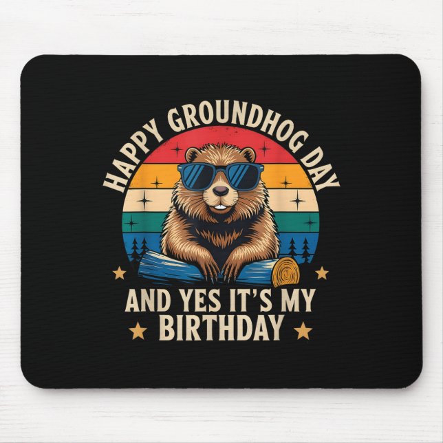 Happy Groundhog Day Birthday Funny Retro Sunset Vi Mouse Mat (Front)