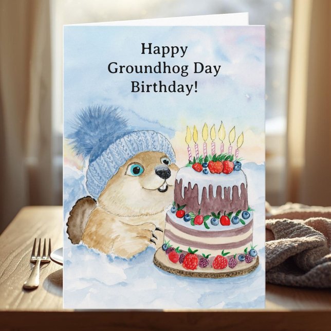 Happy Groundhog Day Birthday Groundhog with Cake Card (Creator Uploaded)