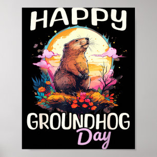 Happy Groundhog Day Cute Vintage Art Graphic Women Poster