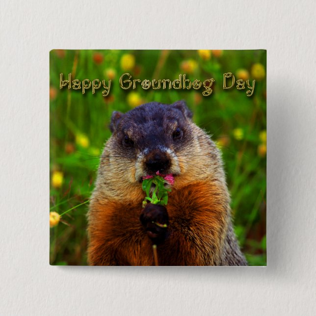 Happy Groundhog Day Eating Flower 15 Cm Square Badge (Front)