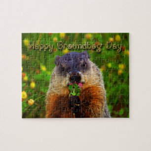 Happy Groundhog Day Eating Flower Jigsaw Puzzle