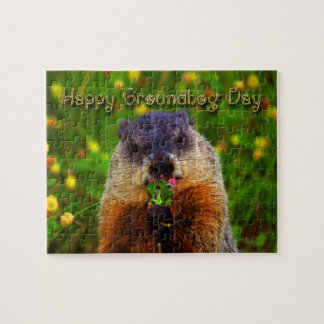 Happy Groundhog Day Eating Flower Jigsaw Puzzle
