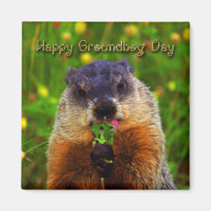 Happy Groundhog Day Eating Flower Magnet